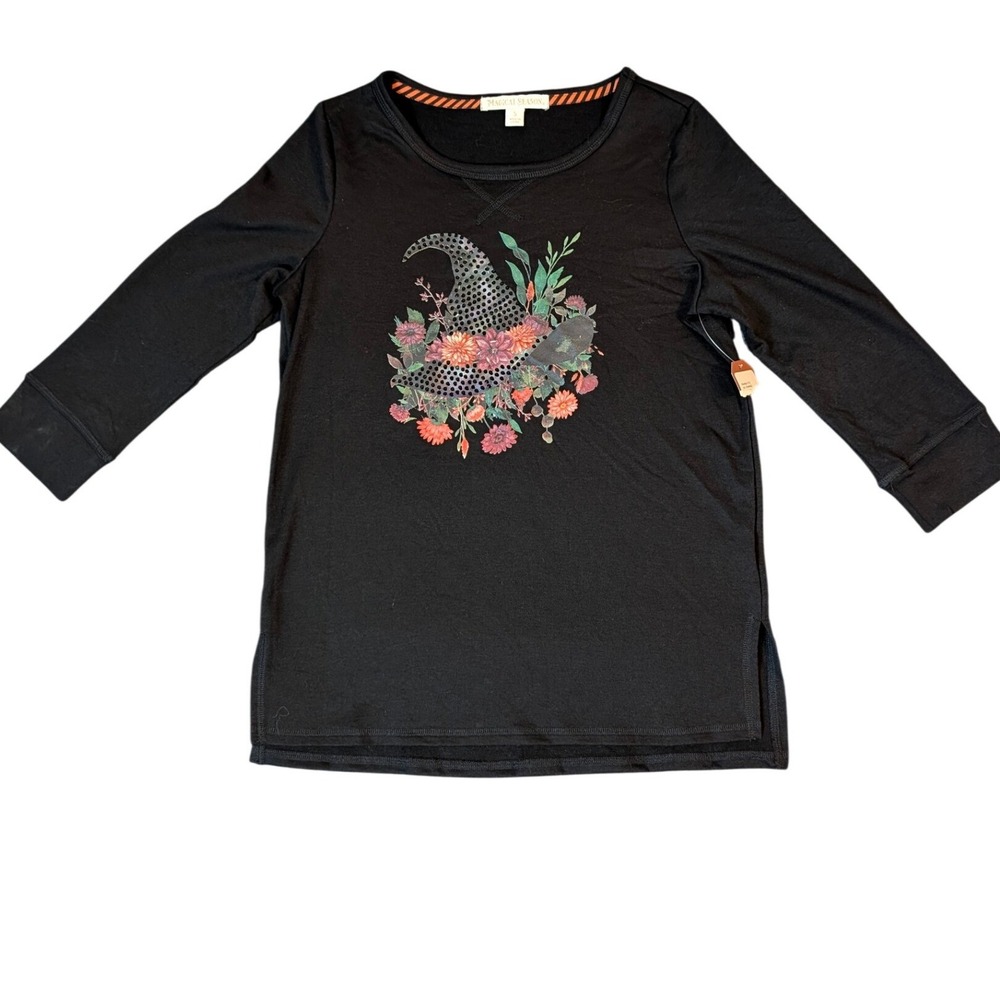 Magical Season Womens Black Floral Witch Hat Studded Graphic Top Small